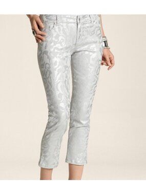Chicos Platinum Silver Metallic Leopard Print Capri Pants Size 0 Small